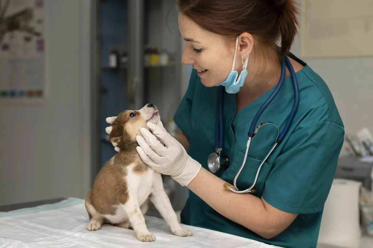 Veterinária cuidando de um filhote de cachorro